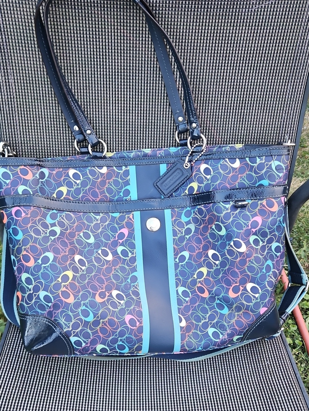 Coach Multicolor Signature 'C' Nylon Tote with Navy Trim
